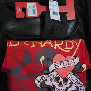 New Large Ed Hardy Red Graphic Tee And Adidas Sz 10 Sandals.